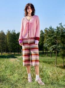 Skyraze Women's Casual Loose Knitted Pants With Waist Tie Stripes, Autumn/Winter,Geometric Pattern - Multicolor - View 3