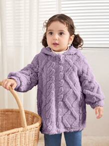 SHEIN Leap Crew 女婴长袖圆领毛绒纹理连帽夹克，适合派对，秋冬季