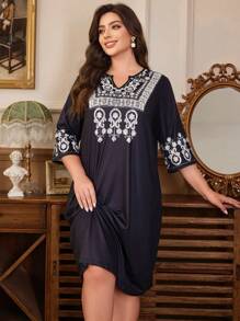 Camisón de talla grande con estampado retro - Negro - Ver 5