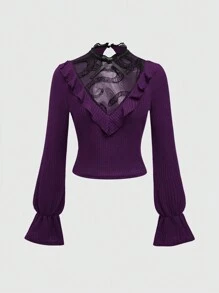 ROMWE Goth Blusa de manga abullonada en tela semitransparente con patrón de serpiente estilo retro gótico - Morado - Ver 5