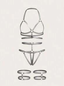 SpicyHot Bộ 4 chiếc/bộ áo ngực không dây hở lưng buộc dây cho nữ - Xám - Xem 8