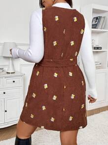 SHEIN Frenchy Autumn/Winter Corduroy Embroidered Pinafore Dress Plus Size, Detachable & Adjustable Waistband, Collegiate Style - Coffee Brown - View 2