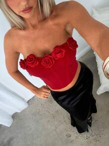 Aloruh Women's Spring And Summer New 3D Rose Decorated Bustier, Tight Fit, Flared Hem, Suitable For Christmas, New Year, Party, Date, Valentine's Day