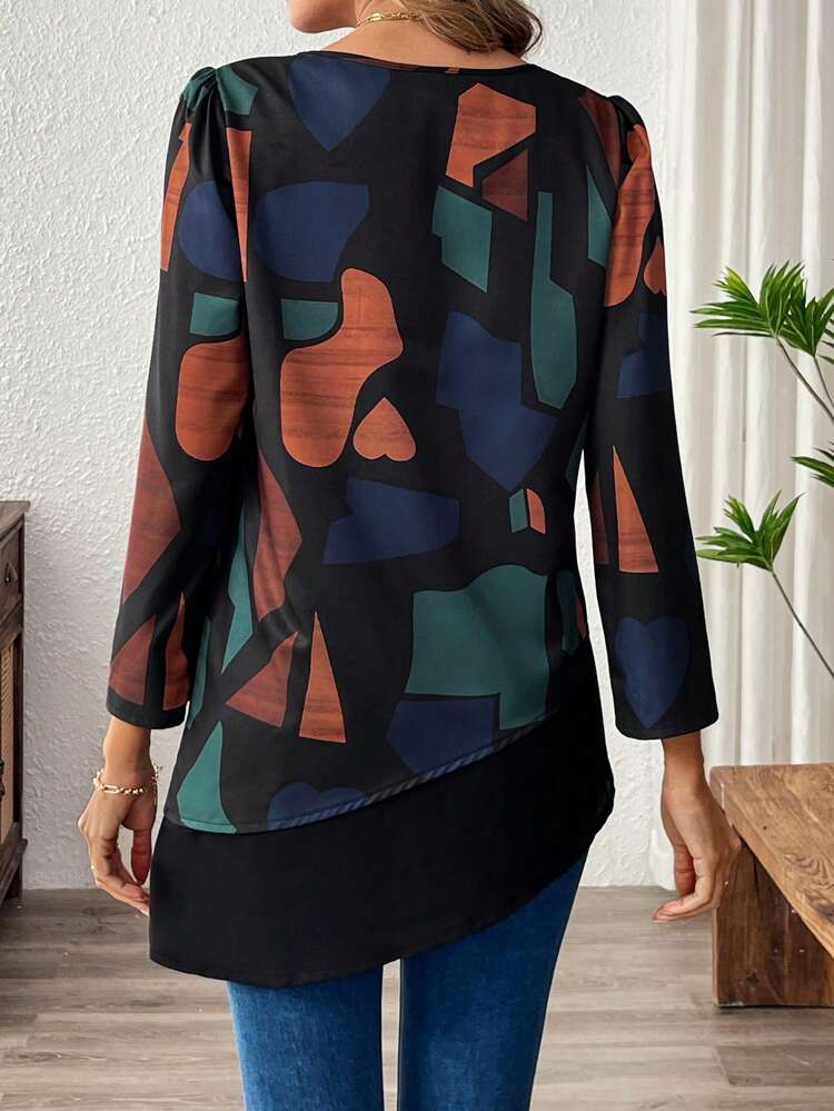 Women's Geometric Pattern Printed Patchwork Long Sleeve Shirt