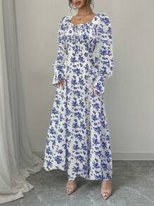 Rafferiza Elegante jurk met bloemenprint, ruchekraag, ruchemouw en parelknoopdecoratie, lente- en herfstoutfit voor dames, herfstkleding voor dames - Koningsblauw - Bekijken 5