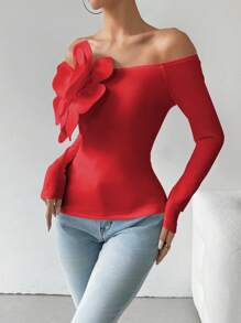 Calvaya Vrouwen Off Shoulder Effen Kleur 3D Bloemen Lange Mouw Slim Fit Elegant T-shirt Voor Nieuwjaarskleding