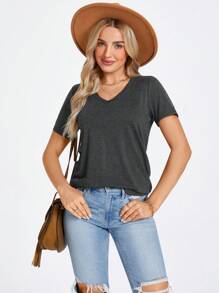 EMERY ROSE Camiseta de manga corta con cuello en V de unicolor para mujer, verano - Gris Oscuro - Ver 4