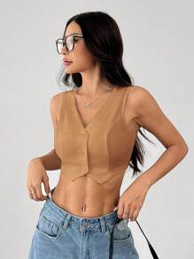 SHEIN PETITE Summer Tank TopsSolid Button Front Crop Waistcoat - Khaki - View 4