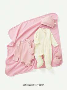 Cozy Pixies 5pcs Set Baby Girls' Solid Color Knit Soft Round Neck Long Sleeve Jumpsuit, Hat, Gloves, Blanket - Multicolor - View 3