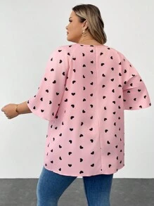 SHEIN CURVE+ Plus Size Valentine's Day Heart Print Long Sleeve Shirt, Suitable For Spring And Winter, For Summer