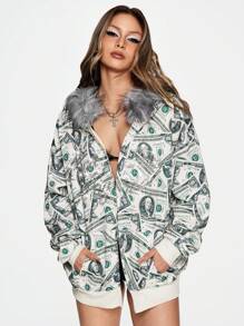 ROMWE Y2K Abby Street Fashion Forward Dollar Bill Print Bling Fuzzy Cap & Loose Women Sweatshirt
