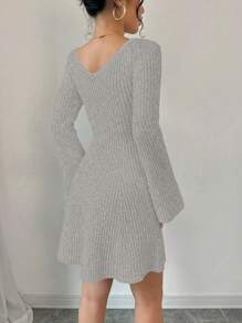 Chiquease Women V-Neck Long Sleeve Solid Color Casual Short Sweater Dress