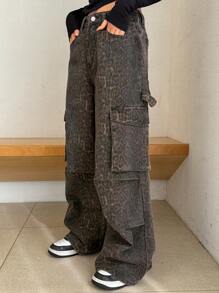 DAZY 女式豹纹大口袋工装牛仔裤，宽松牛仔裤 - 棕色 - 查看 5