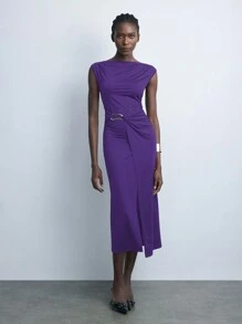 Maija Jesienna/zimowa nowa elegancka czarna sukienka midi z krótkim rękawem i dzianinową talią, odpowiednia na przyjęcia świąteczne i miejski styl życia - Fioletowy - Zobacz 4