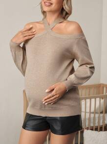 SHEIN Áo len dệt kim dài tay hở vai cho bà bầu, thường ngày, thu/đông - Màu Khaki - Xem 3