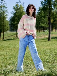 Skyraze Women's Handmade Knitted Striped Sweater, Pink, Casual For Autumn/Winter,Hand-Crocheted,Geometric Pattern - Pink - View 7