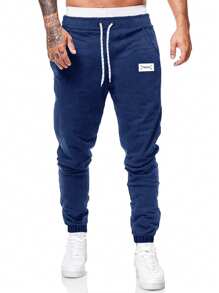 Manfinity Homme Men Letter Patched Drawstring Waist Sweatpants - Navy Blue - View 5