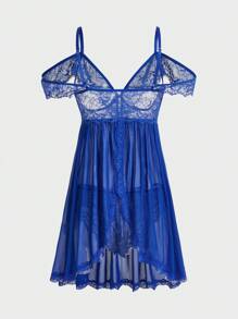 Bộ đồ ngủ lưới ren gợi cảm dành cho nữ 2 món (Gợi cảm + Lãng mạn + Váy + Quần short + Không dây) - Xanh đậm - Xem 9