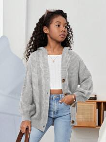 SHEIN Tween Girl Oversized Hooded Lange Mouw Casual Gebreide Cardigan