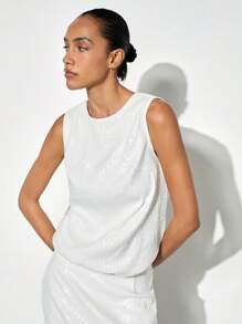 Maija Women Elegant White 2 Pieces Set With Sparkle Sequin Details And Backless Teardrop Design, Suitable For Christmas Party, Autumn/Winter - White - View 3