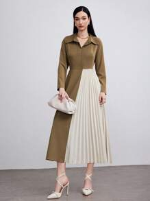 Seusyu Elegancka długa sukienka damska, kołnierzyk stójka, długi rękaw, blok kolorów, plisowany dół, odpowiednia na jesień