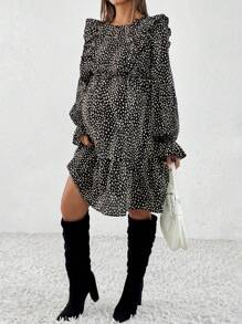 SHEIN Maternity Frenchy All Over Print Ruffle Trim Flounce Sleeve Dress - Black - View 3