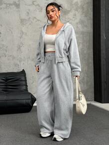 SHEIN EZwear 大码 2 件套长款连帽运动衫套装，秋冬 - 淺灰色 - 查看 3