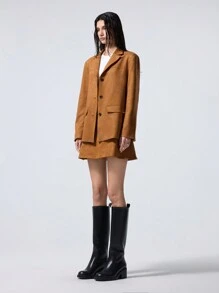 LYSMO Single-Breasted Faux Suede Loose Fit Blazer - Brown - View 5