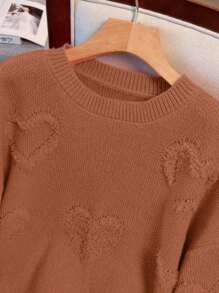 Calvaya Plus Size Women Heart Pattern Drop Shoulder Crew Neck Casual Pullover Sweater For Autumn/Winter Knit Pullover Fall - Coffee Brown - View 8