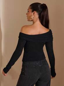 SHEIN BAE Women's Elegant Black Long Sleeve Top,Autumn Asymmetric Off-Shoulder Knitted Twist Metal Decor Minimalist Shirt For Night Out Cocktail Party - Black - View 2
