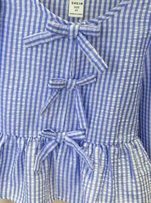 SHEIN LMoss Kids LMoss Young Girl Young Girls' Spring Long Sleeve Plaid Shirt With Ruffle Hem & Bow Decor - Blue - View 5