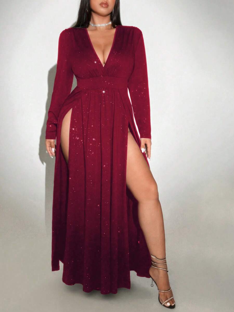 Viva Relle Vestido largo informal con escote en V, manga larga y abertura lateral para tallas grandes