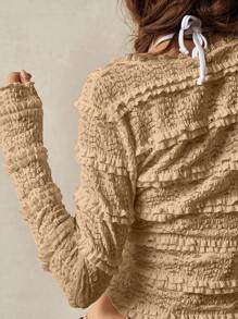 Bohemela Solid Color V-Neck Long Sleeve Fitted Regular Women's Top For Vacation - Khaki - View 5