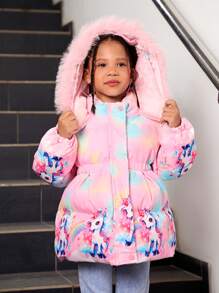 Young Girls' Cute Princess Style Cartoon Princess Print Icy Princess Pink Fluffy Collar Thickened Super Warm Padded Hooded Long Coat, Suitable For Outings And Skiing