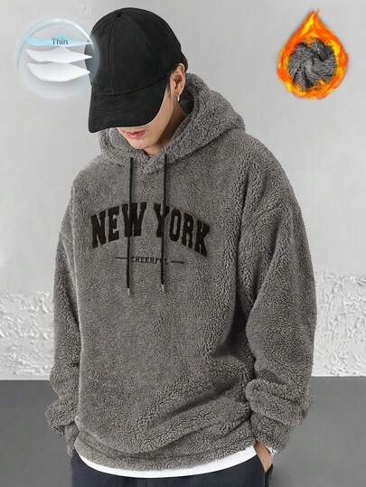 Claim Dot Loose Fit Men's Drawstring Hoodie With Drop Shoulder And Embroidered Letters, Back To School Going Out Fluffy Letter Long Sleeve Hoodie, For Friends, Husband, Boyfriend Gifts, For Fall Winter