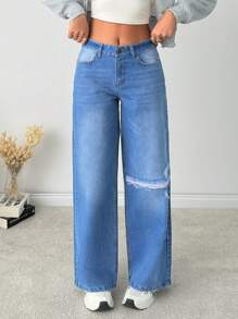 EURMUSE LOW WAIST WIDE LEG BAGGY JEAN SIMPLE FASHIONABLE DAILY CASUAL - Light Wash - View 5