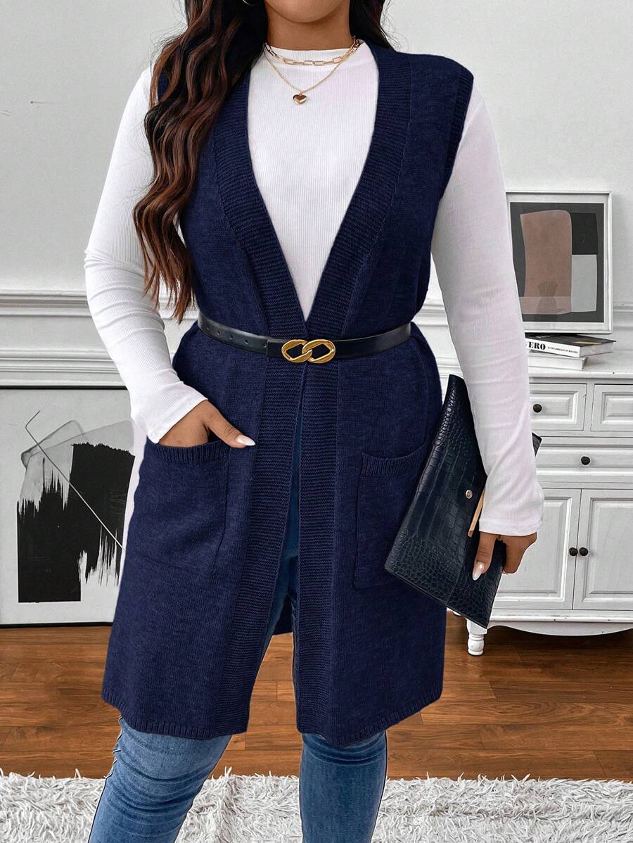 SHEIN Clasi Chaleco de punto sin mangas clásico y elegante de talla grande en gris con bolsillos, para invierno