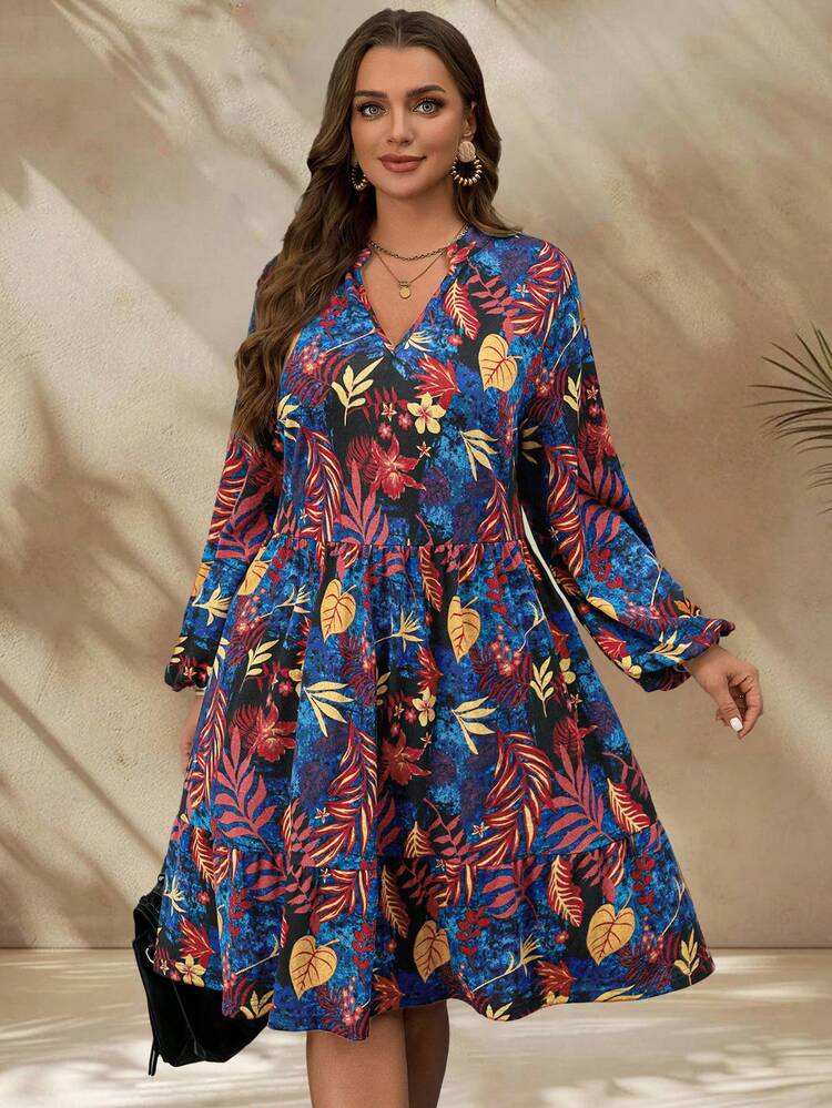Plus Size Holiday Casual Tropical Print Keyhole Neckline Lantern Sleeve Dress,New Years Women Outfit,Vacation Dress,Vacation Outfits,Spring,Boho Dress Women