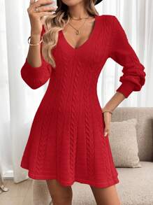 SHEIN LUNE Valentine's Day Sweater Women Dress Red Sweater Dress Women's Casual Solid Color Waist-Cinched Sweater Dress For Autumn/Winter