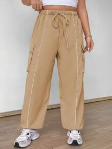 Flirla Plus Size Elastic Waist With Drawstring Utility Pocket Trim Drawstring Ankle Pants Fall Cloth For Women - Khaki - View 7