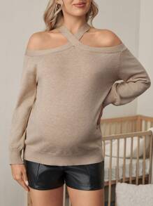 SHEIN Áo len dệt kim dài tay hở vai cho bà bầu, thường ngày, thu/đông - Màu Khaki - Xem 1