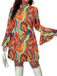 Maweii 大码女式花卉印花喇叭袖休闲针织连衣裙，秋季 - 橘色 - 查看 4