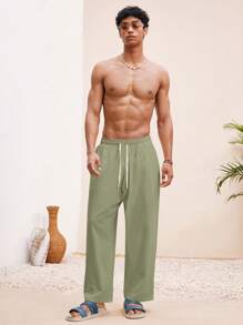 Manfinity VCAY 男士沙滩装夏季度假基本款编织休闲冲浪海边沙滩装亚麻裤沙滩装 - 軍綠色 - 查看 4