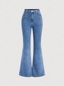 SHEIN MOD Women's Rhinestone Embellished Pocket Flare Leg Casual Versatile Jeans