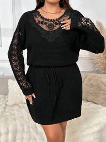 SHEIN Frenchy Plus Size Casual Elegant Style Lace Patchwork Textured Waist Sweater Dress - Black - View 5