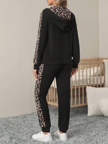 SHEIN 2pcs Set Pregnant Women Casual Leopard Patchwork Drawstring Hooded Sweatshirt And Sweatpants, Autumn - Black - View 3