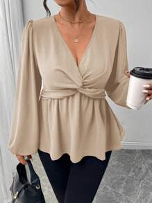 Firerie Plus Size Casual Minimalist Twist Front A-Line Long Sleeve Blouse, Green, Spring Fall - Apricot - View 6