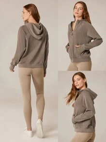 GLOWMODE 莫代尔羊毛保暖超大半拉链袋鼠口袋连帽衫，带拇指孔，日常休闲秋冬 - 可可 - 查看 7