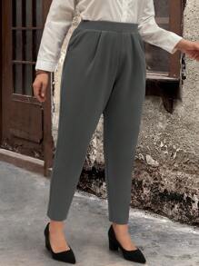 EMERY ROSE Plus Size Women's Solid Color Pleated Pocket Tapered Casual Pants For Work And Commute,Winter Clothes For Women