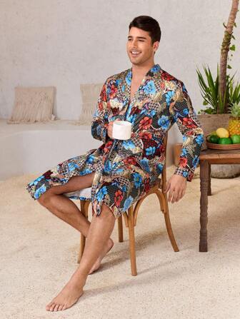 Manfinity ChillVibe Men's Allover Print Front Tie Long Sleeve Casual Robe